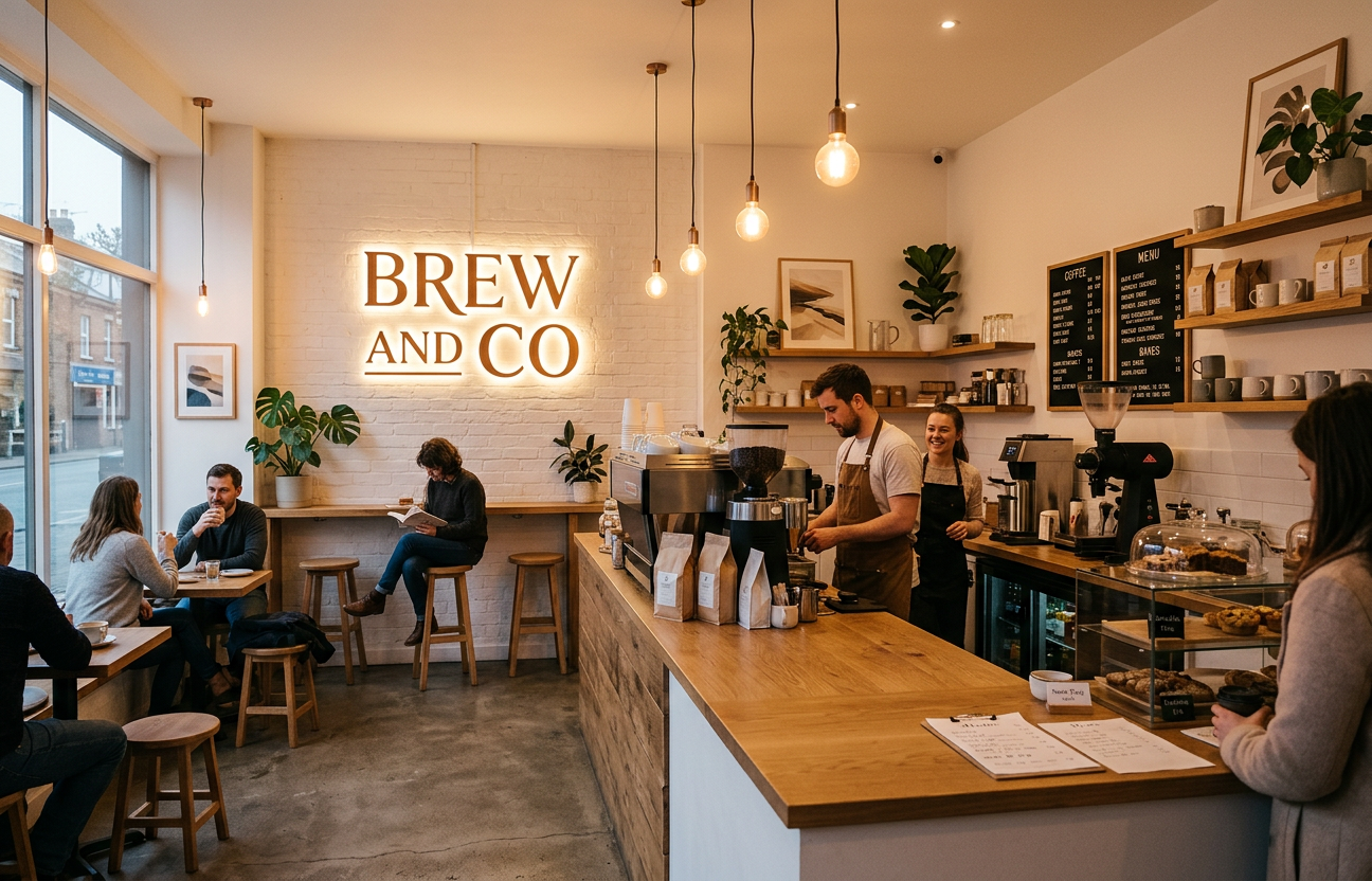 Уютный интерьер кофейни Brew & Co. с видимым названием
